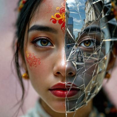 The primary subject of the image is a woman with a face painted with a mix of red and yellow colors. She is wearing a white shirt and has a mirrored face painted on her face. The setting is a city street, with a building visible in the background. The visual style is a combination of a photo and digital art, creating a unique and artistic representation of the woman's face. The colors and mood of the image are vibrant and lively, with the red and yellow colors adding a sense of energy